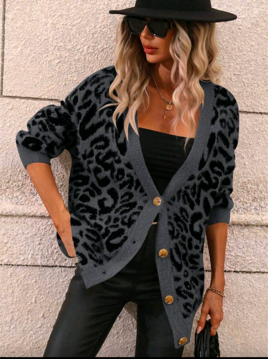EMERY ROSE Leopard Pattern Drop Shoulder Fuzzy Trim Cardigan,Long Sleeve Tops Fall Winter Cloth For Women