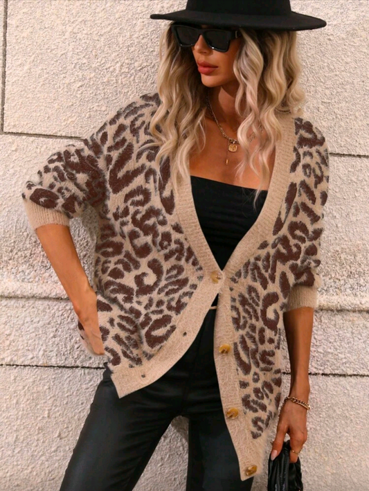 EMERY ROSE Leopard Pattern Drop Shoulder Fuzzy Trim Cardigan,Long Sleeve Tops Fall Winter Cloth For Women
